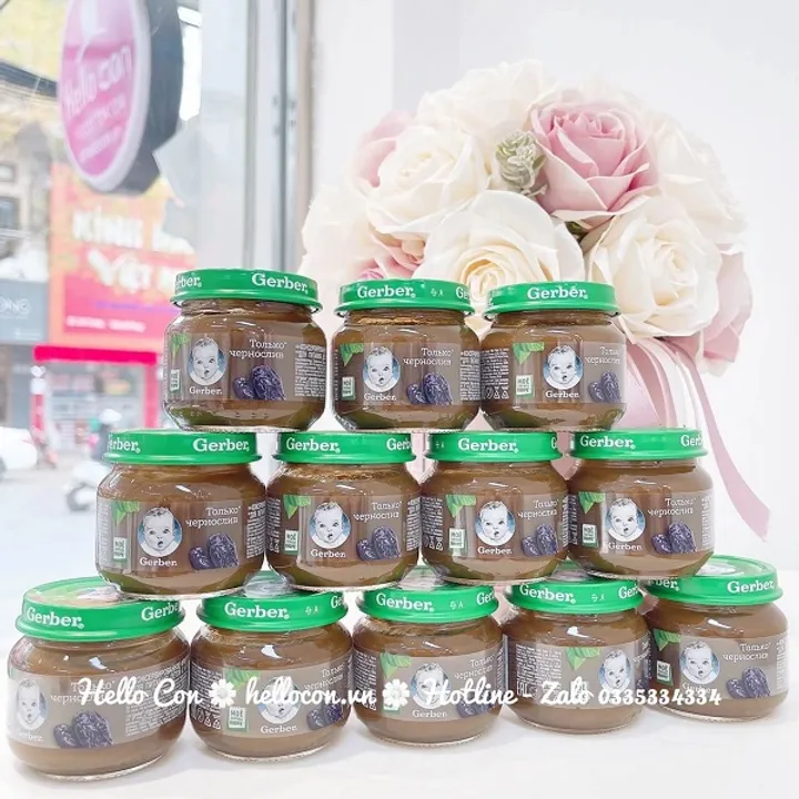 Mận đen nghiền Gerber Nga trị táo bón cho bé 4 tháng